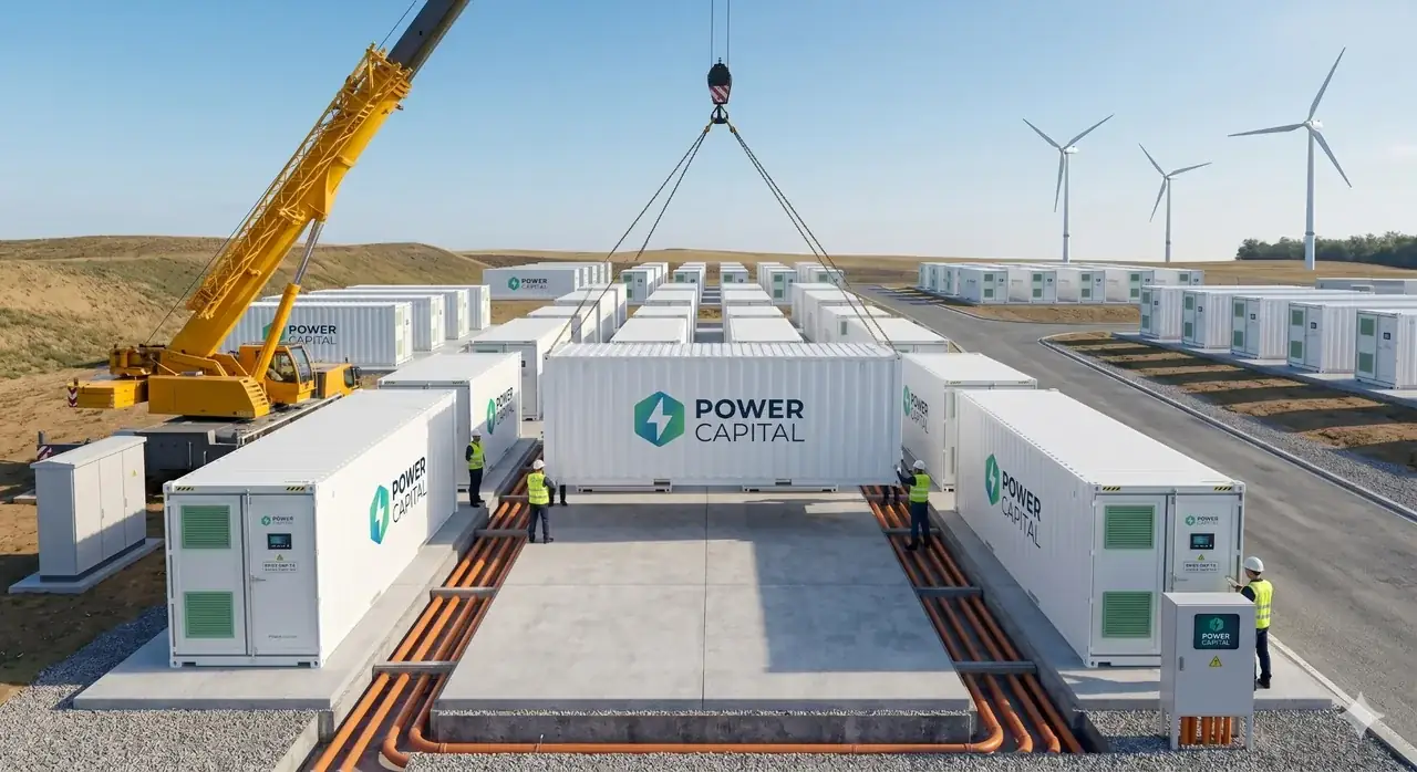 POWER CAPITAL bateriové úložiště — instalace kontejnerů na lokalitě s větrnou farmou